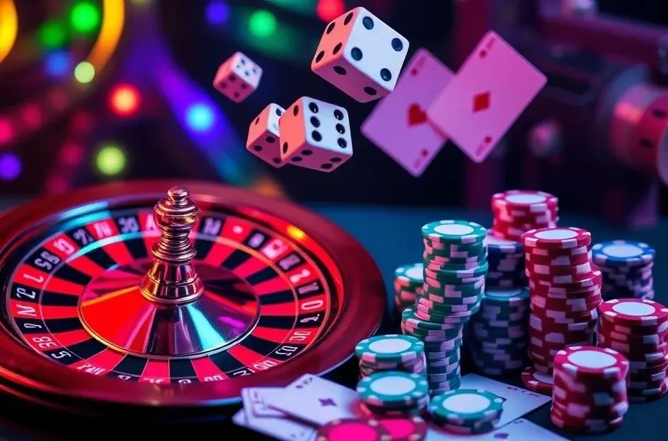Roulette wheel and casino chips